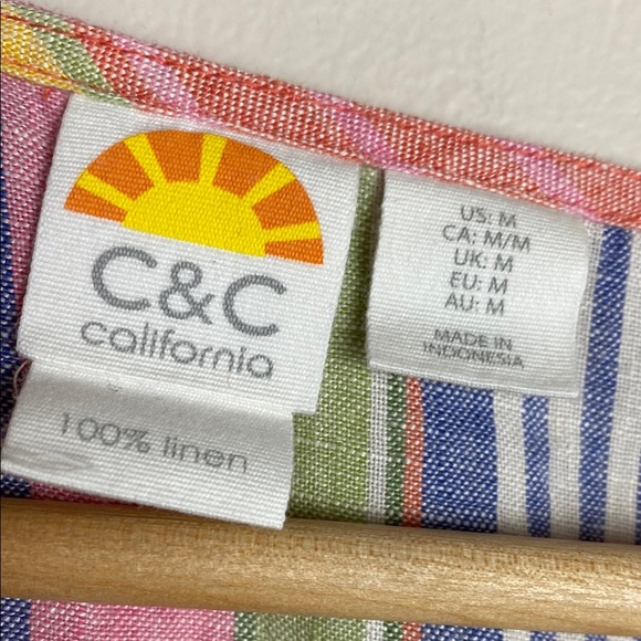 C&C California Rainbow Stripe Linen Blouse Colorful Short Sleeve Top Size M - Picture 4 of 8